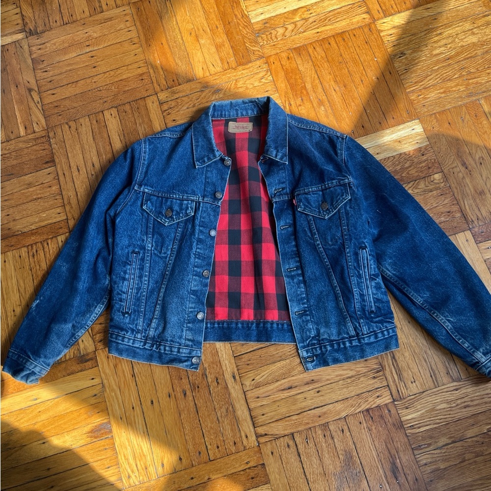 Blue Denim Jacket with Red Plaid Lining